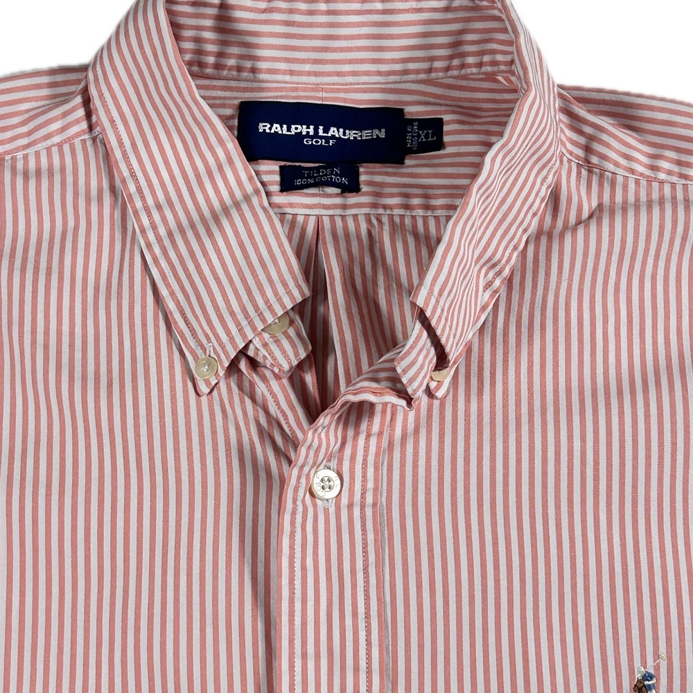 Ralph Lauren Golf Mens XL Red White Striped Button Down Shirt Long Sleeve Pony